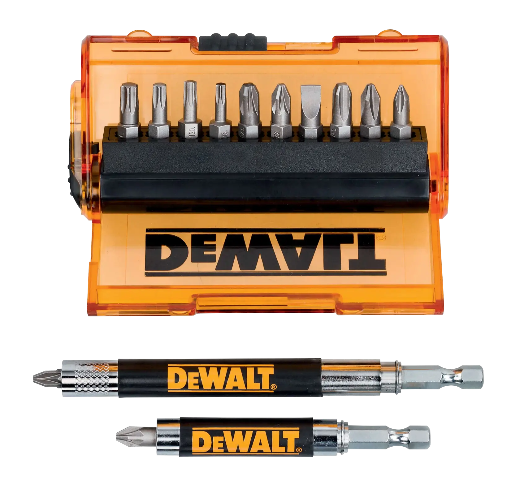 DEWALT DT71502 screwdriver bit set with orange case and two black bit holders shown.