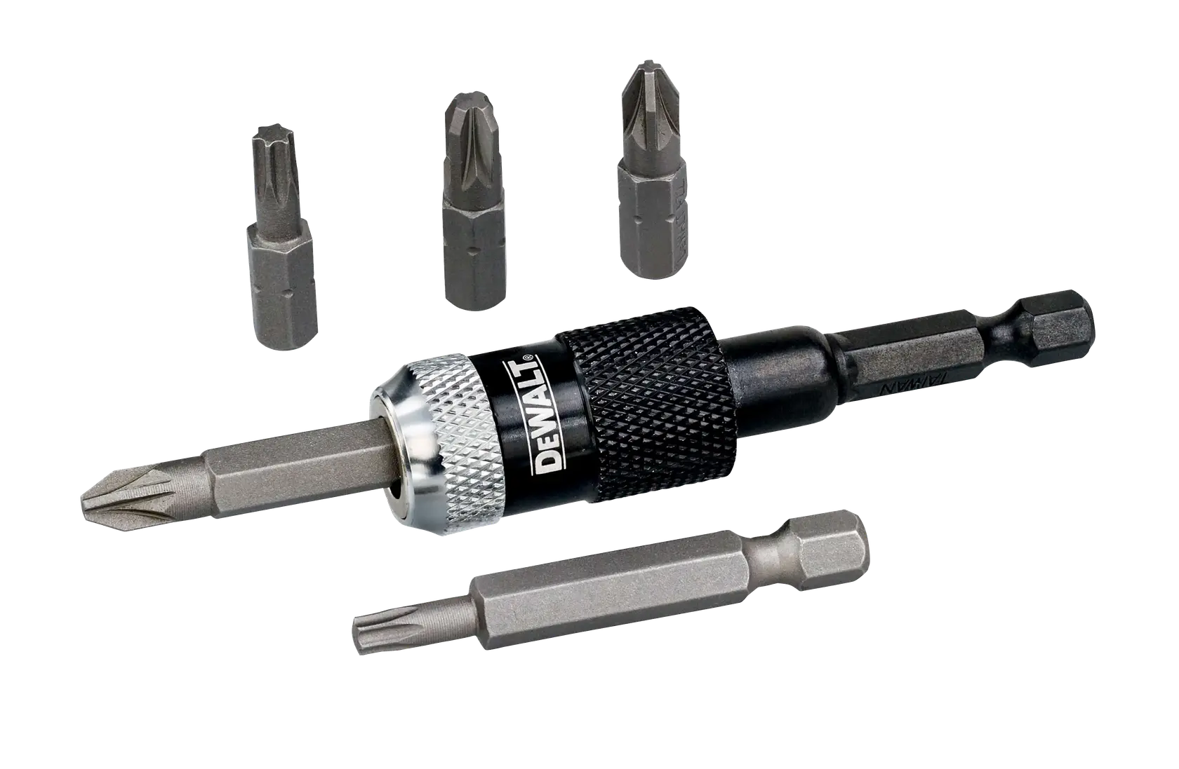 Photo of DEWALT DT71514 screwdriver bit set with magnetic bit holder and 5 assorted steel bits, white background.