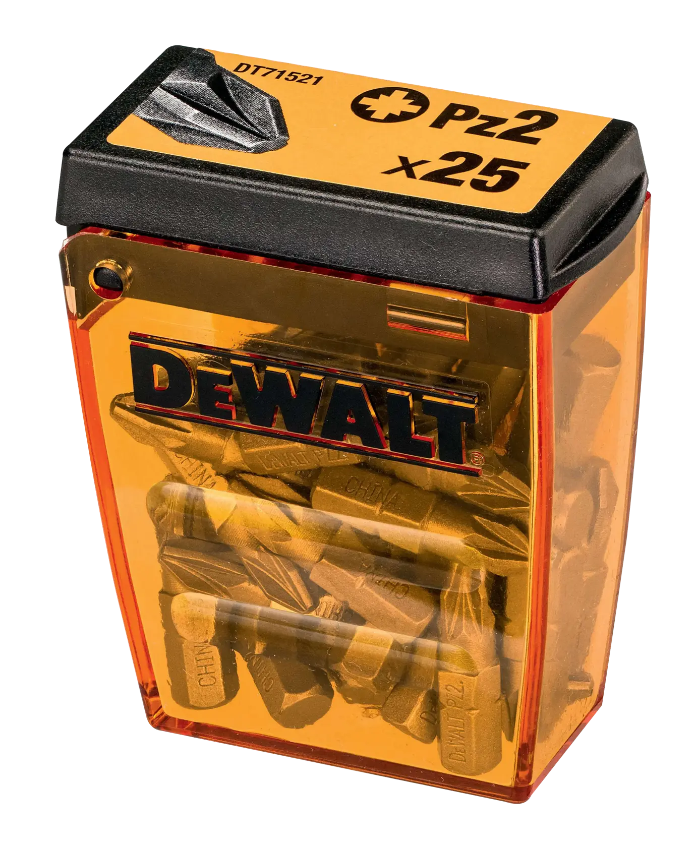 DEWALT DT71521 box with 25 PZ2 screwdriver bits in a transparent orange case.
