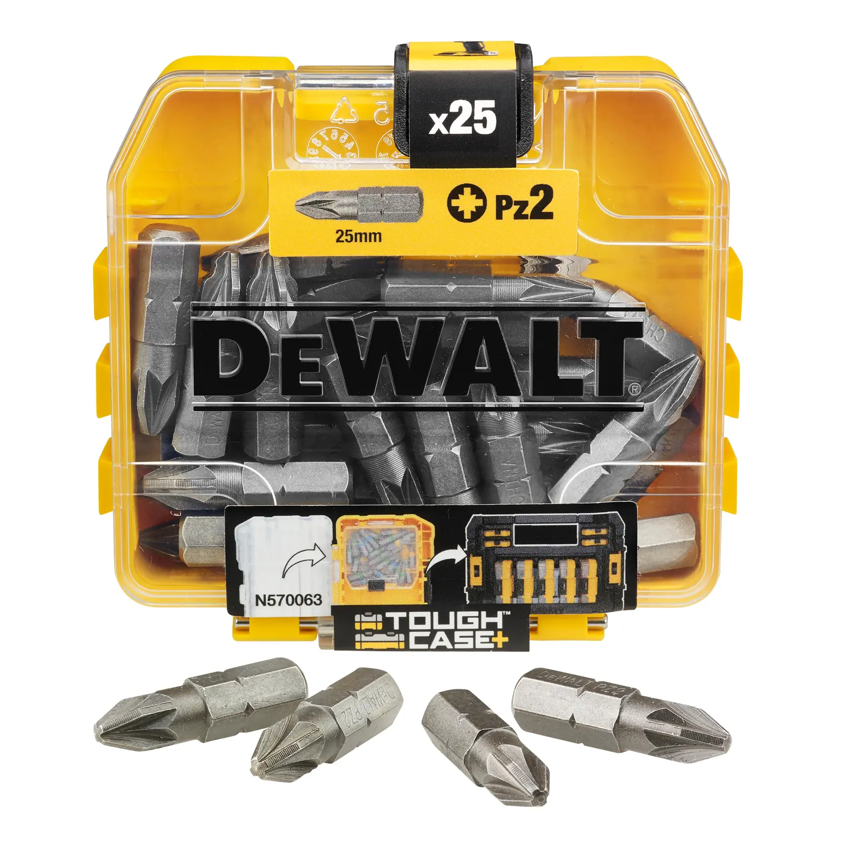 DEWALT set of 25 PZ2 screwdriver bits, 25mm length, in a yellow tough case.