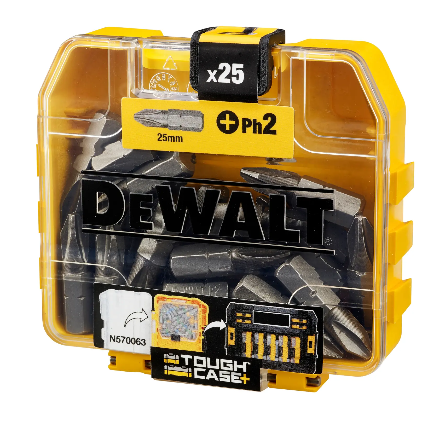 DEWALT screwdriver bits pack, Tough Case, 25pcs, front angle, SKUs DT71522, DT71522-QZ.
