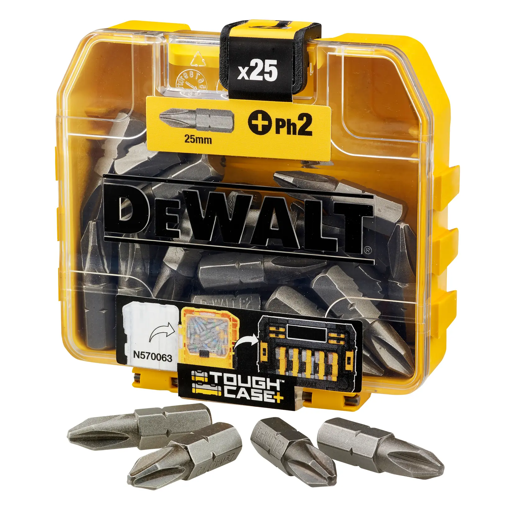 DEWALT screwdriver bits set in yellow Tough Case, SKUs DT71522, DT71522-QZ, front angle.