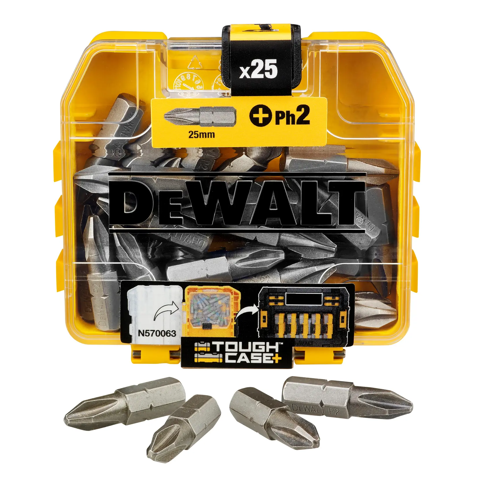 Photo of DEWALT screwdriver bit set, 25 pieces in yellow case, SKUs DT71522, DT71522-QZ, front angle.