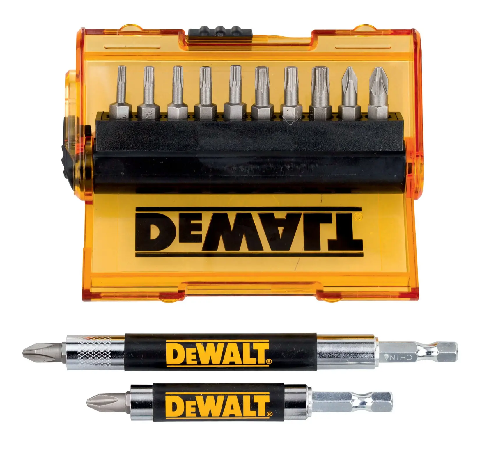 Photo of DEWALT bit set with case and 2 holders, SKUs DT71570, DT71570-QZ, front view, yellow case, black logo.