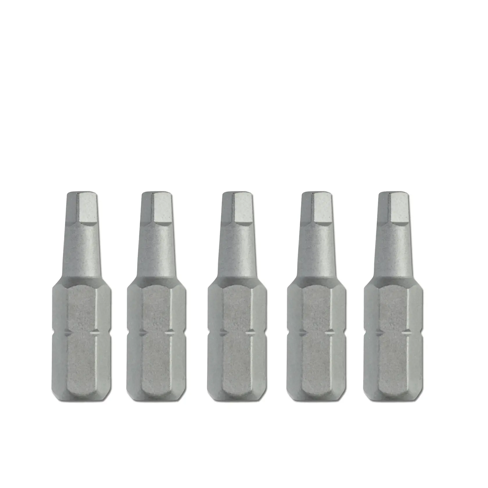 Five DEWALT hex screwdriver bits, arranged in a row on a white background.