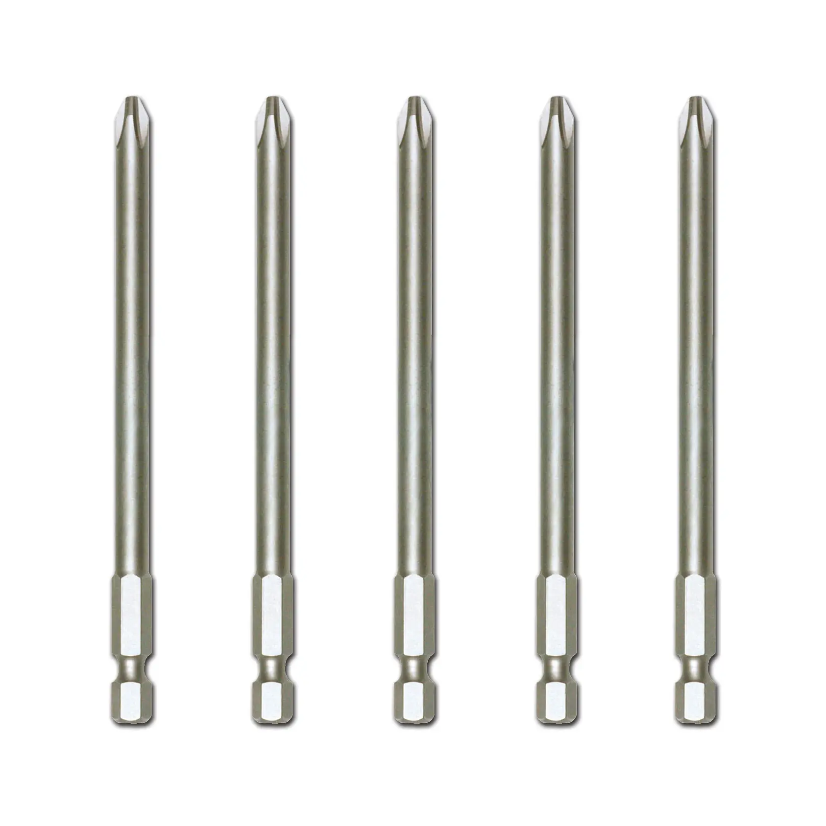 Photo of five DEWALT DT7204 long Phillips screwdriver bits in a row, silver color, front angle, on white background.