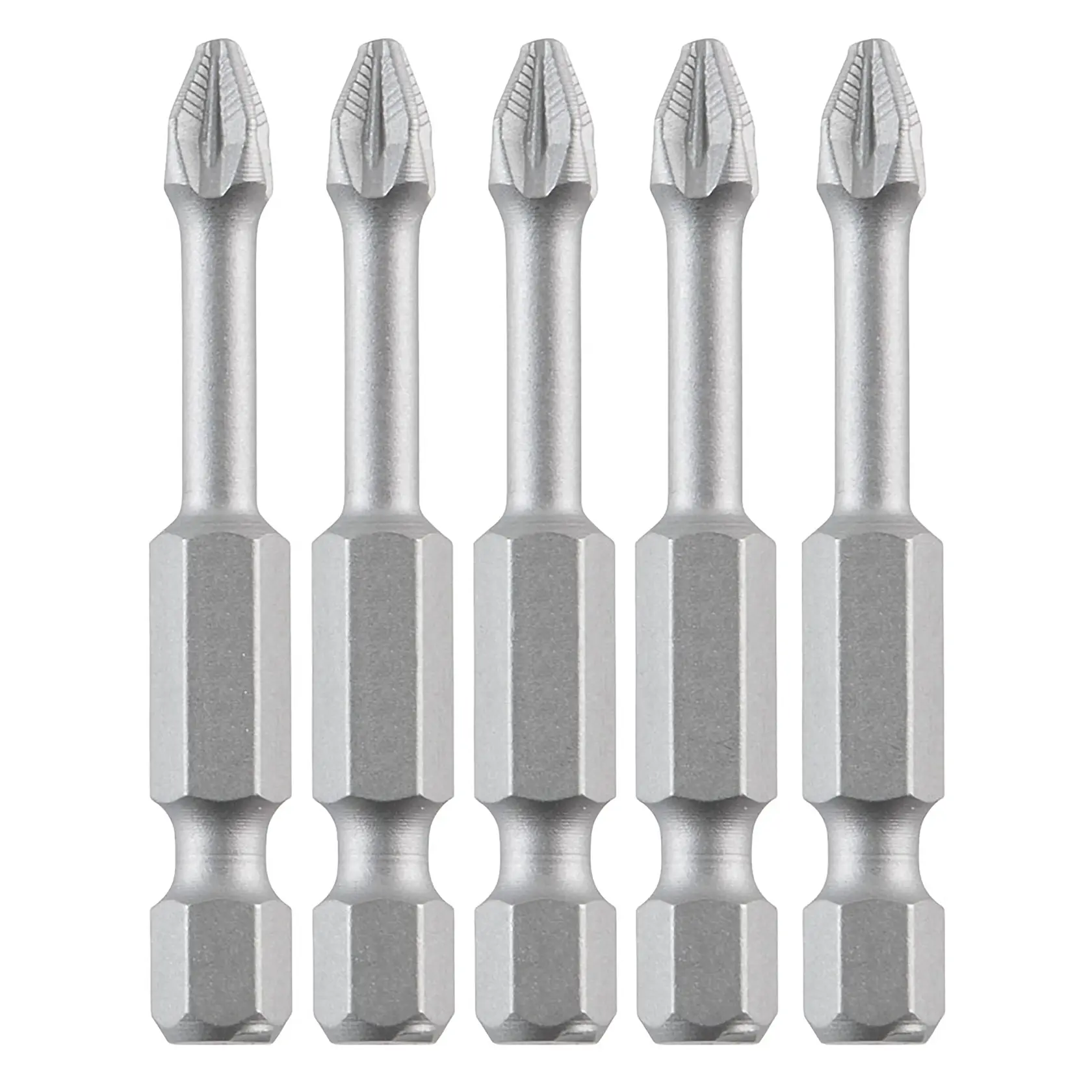 Photo of DEWALT screwdriver bits set, silver color, SKUs DT7225-QZ, DT7225, front angle, 5 pieces.