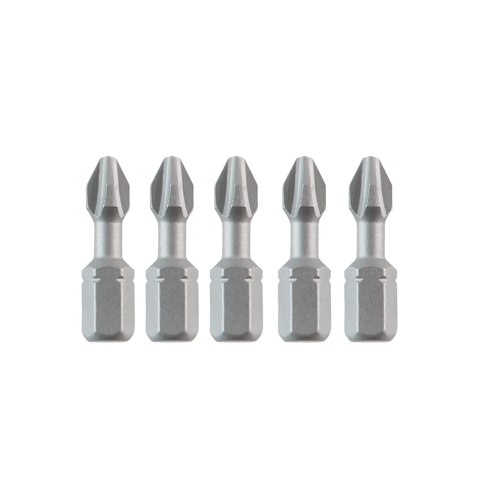 Five DEWALT Phillips screwdriver bits lined up on a white background.