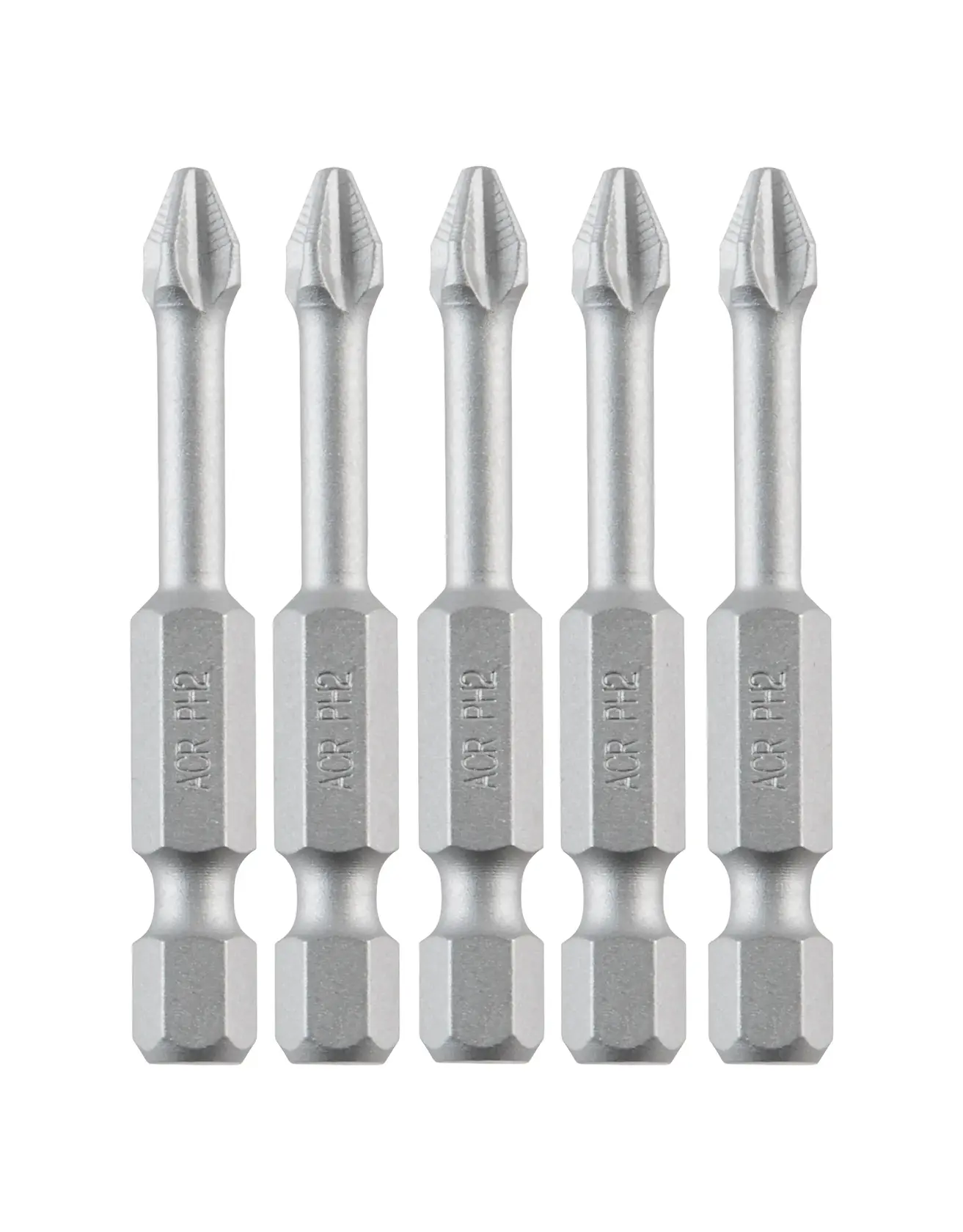 Photo of five DEWALT DT7246 screwdriver bits, silver color, hex shank, front view, product photography.