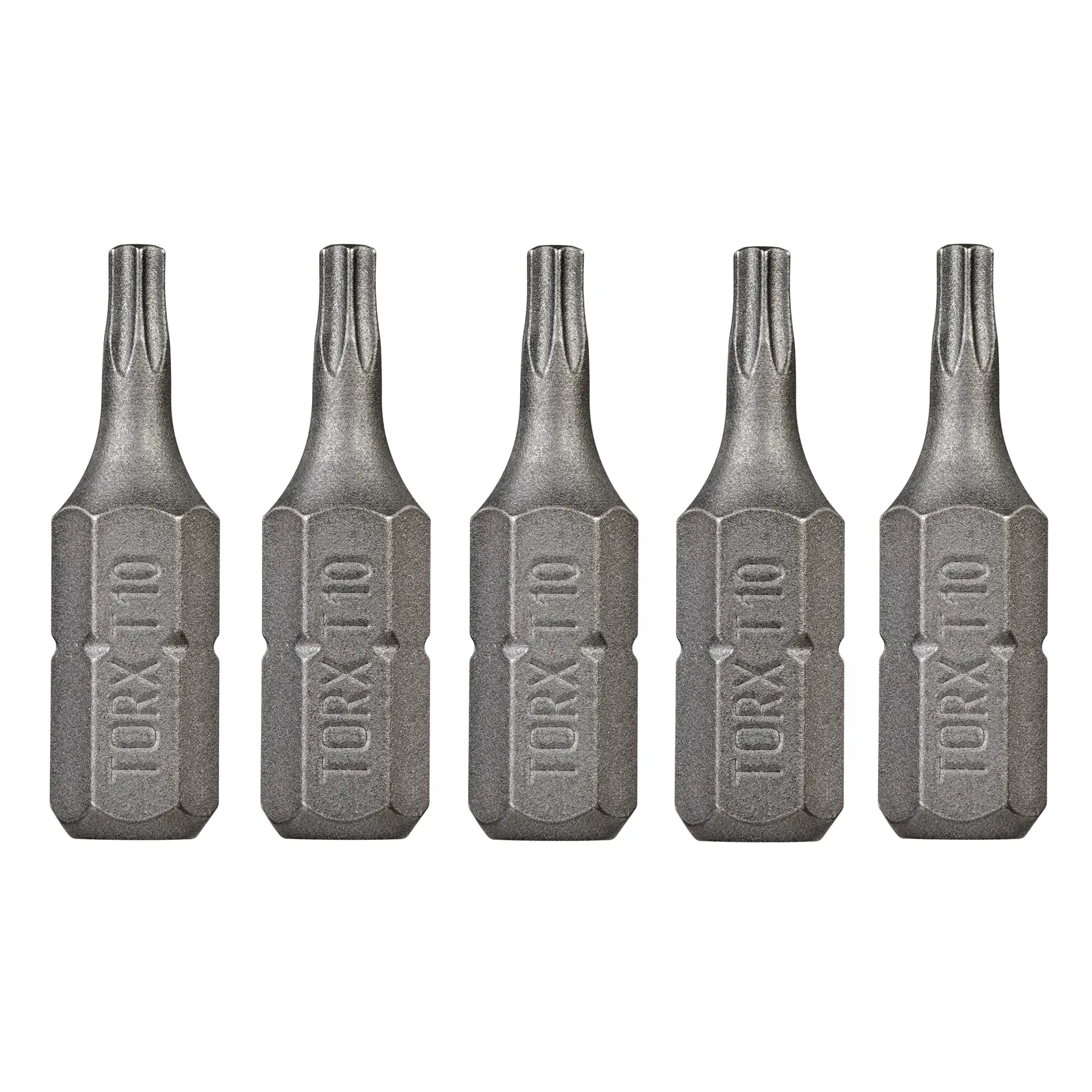 Five DEWALT Torx T10 screwdriver bits are lined up side by side on a white background.