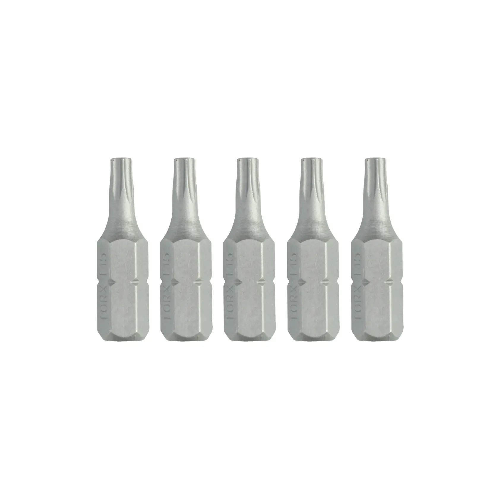 Set of five DEWALT Torx screwdriver bits, positioned upright on white background.