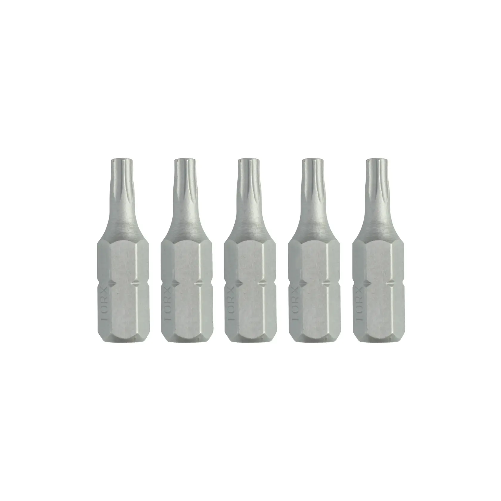 Set of five DEWALT Torx screwdriver bits arranged in a row, silver color, hex base.