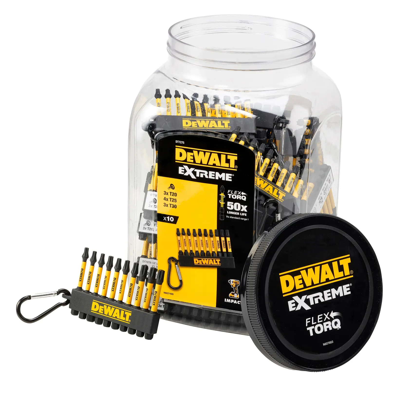 DEWALT Extreme FlexTorq bit set jar, yellow/black, DT7275, DT7275-QZ, photo with white background.