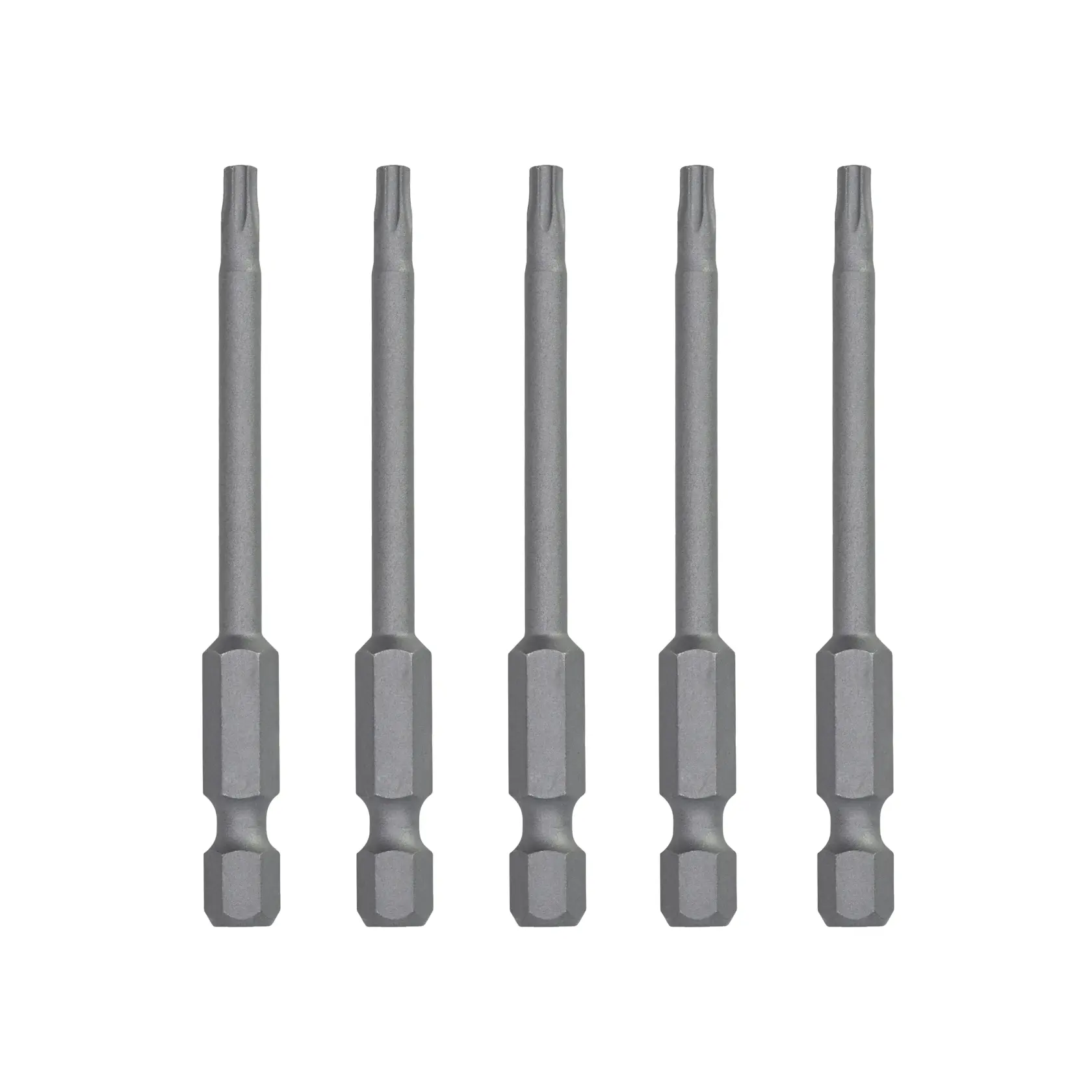 DEWALT long Torx bits set, five pieces, silver, front view, SKUs DT7291-QZ, DT7291, photography product.