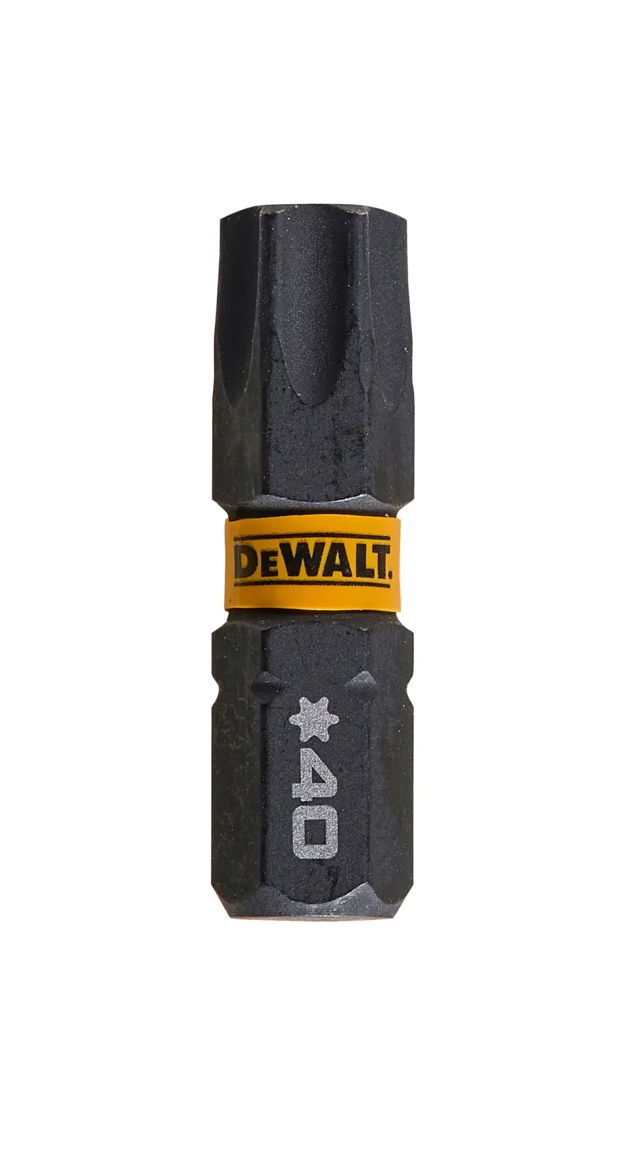 DEWALT DT7373 Torx screwdriver bit with yellow branding and T40 marking, shown against a white background.