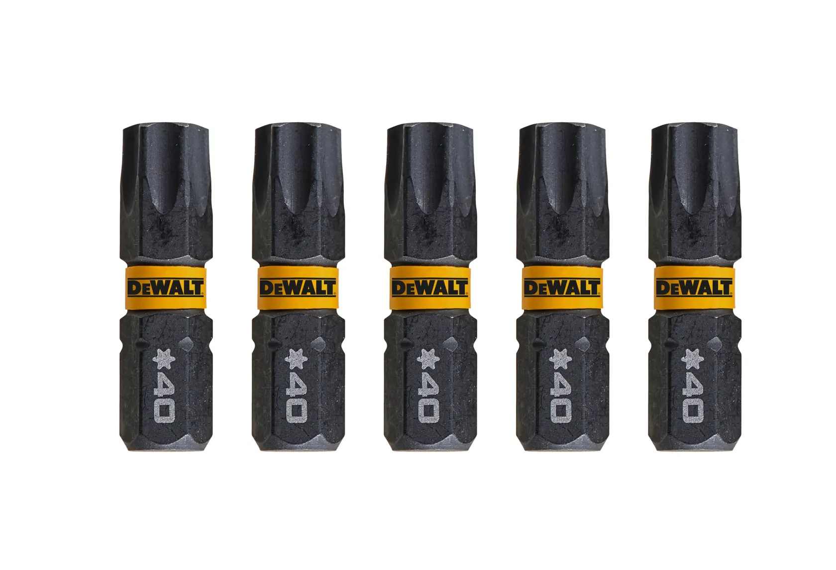 Five DEWALT DT7373 screwdriver bits with black finish and yellow branding, arranged in a row.