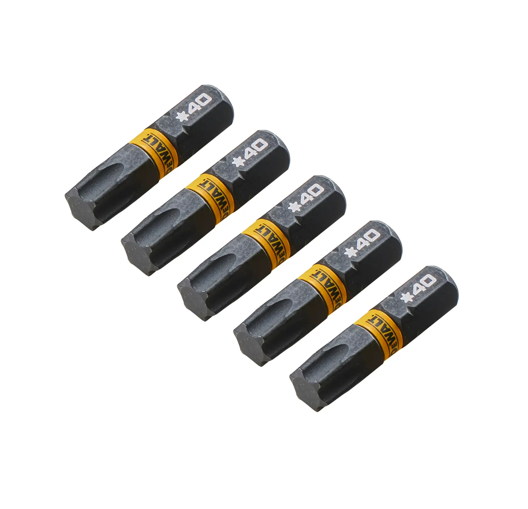 Five DEWALT Torx screwdriver bits with T40 marking, arranged in a row on a white background.