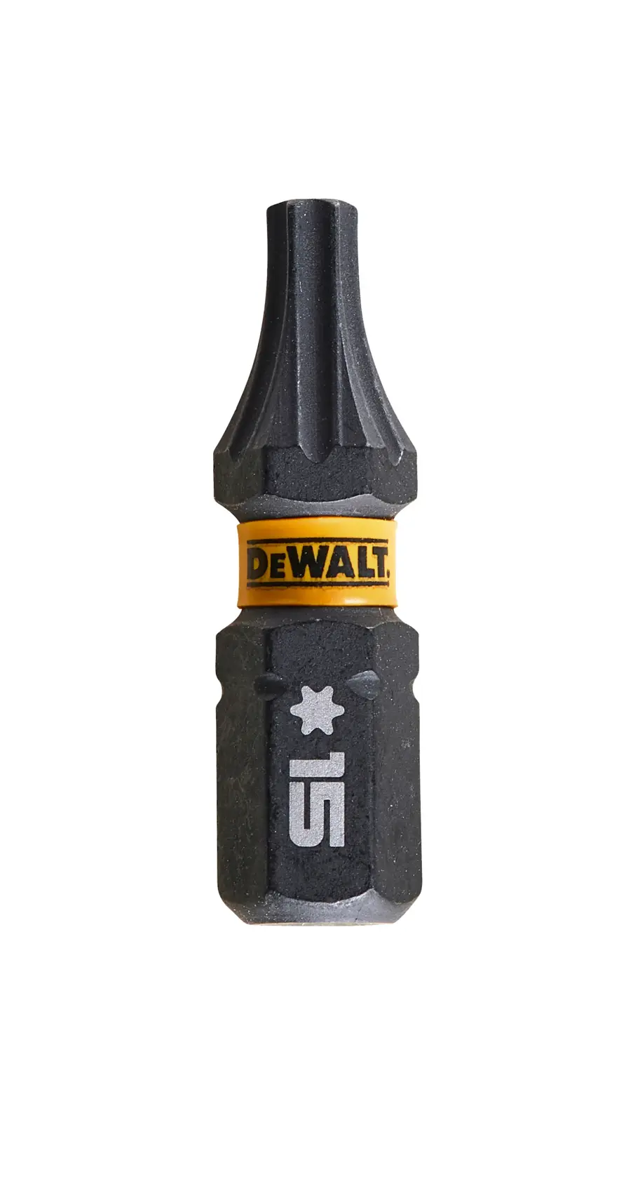 DEWALT Torx 15 screwdriver bit with yellow branding, suitable for power tools and precision work.