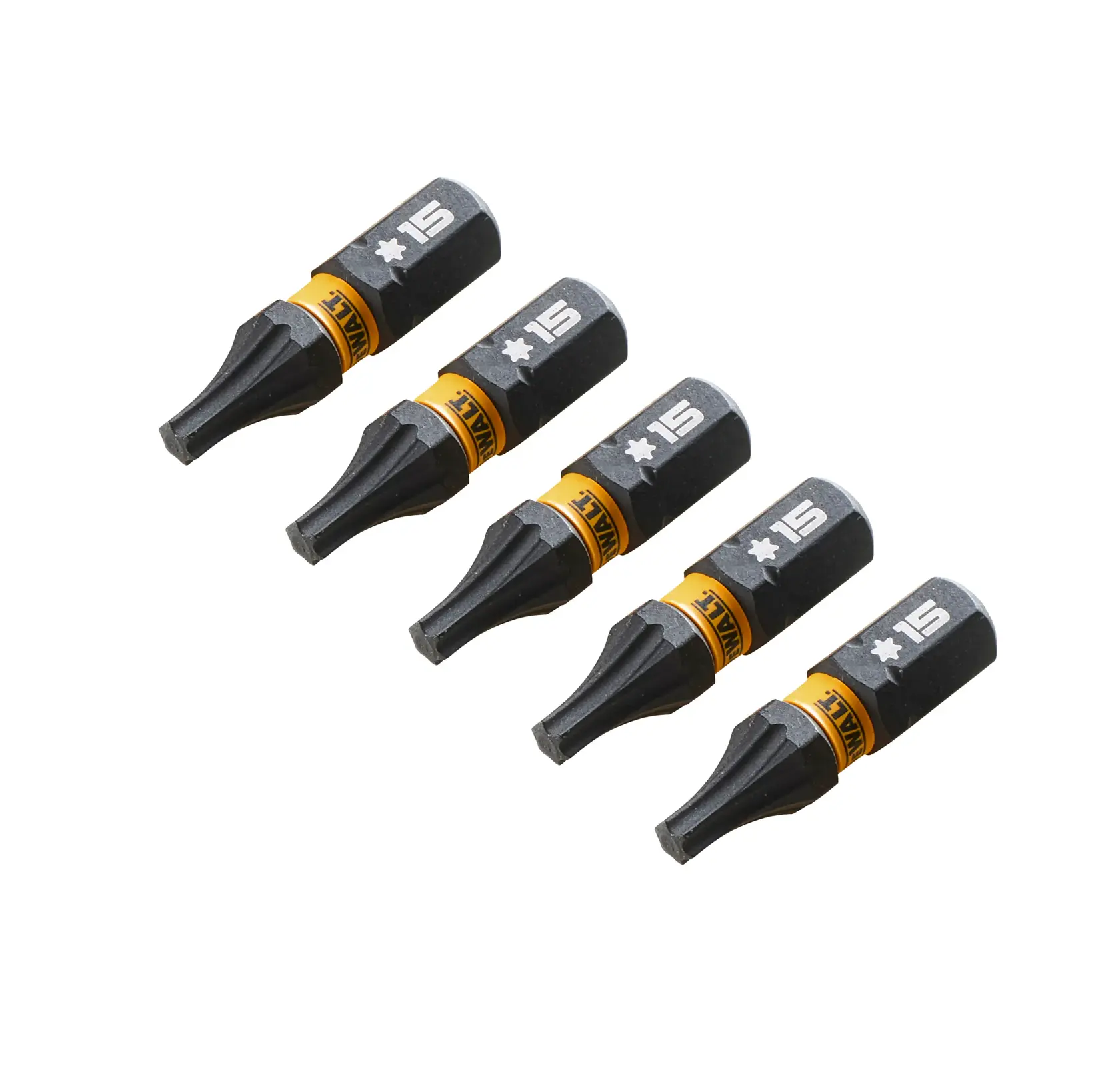 Set of five DEWALT DT7380T screwdriving bits, black and yellow, with T15 Torx tips.