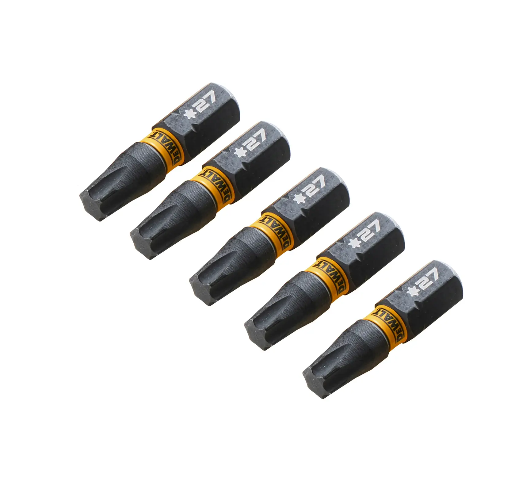 Five DEWALT DT7383T screwdriver bits arranged diagonally on a white background.