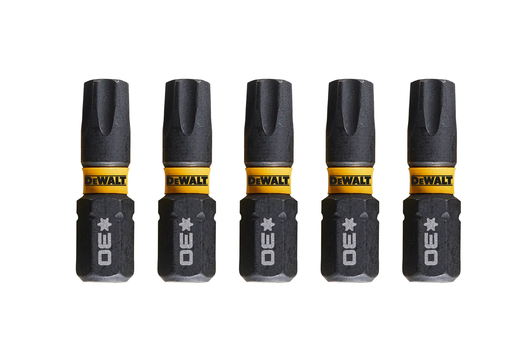 Five DEWALT branded screwdriver bits in a row, black and yellow, suitable for various screwdriving tasks.