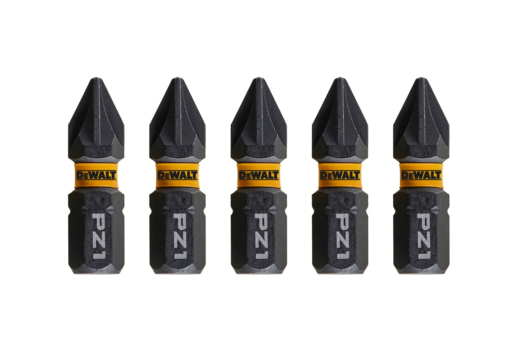 Five DEWALT PZ1 screwdriver bits with yellow branding, arranged in a row on a white background.