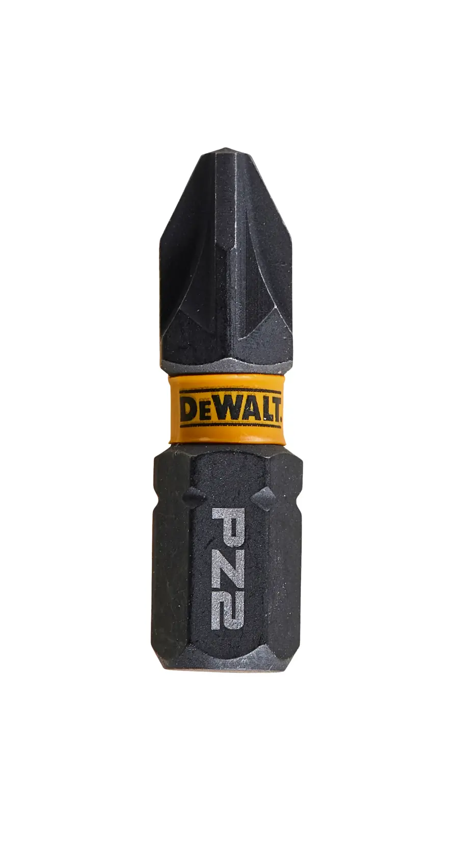 DEWALT PZ2 screwdriver bit, black with yellow band and branding, suitable for use with power tools.