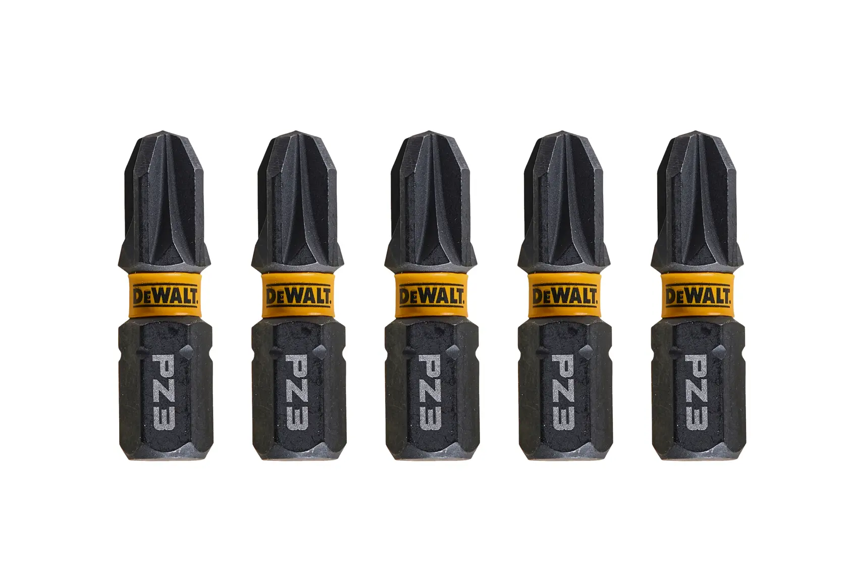 Set of five DEWALT PZ3 screwdriver bits with yellow branding, shown upright on a white background.