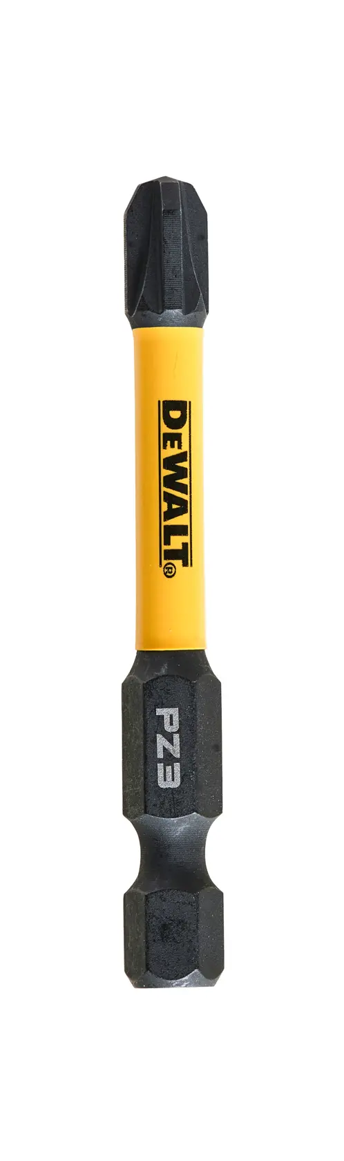DEWALT DT7392T screwdriver bit, yellow and black, labeled PZ3 for Pozidriv screws.