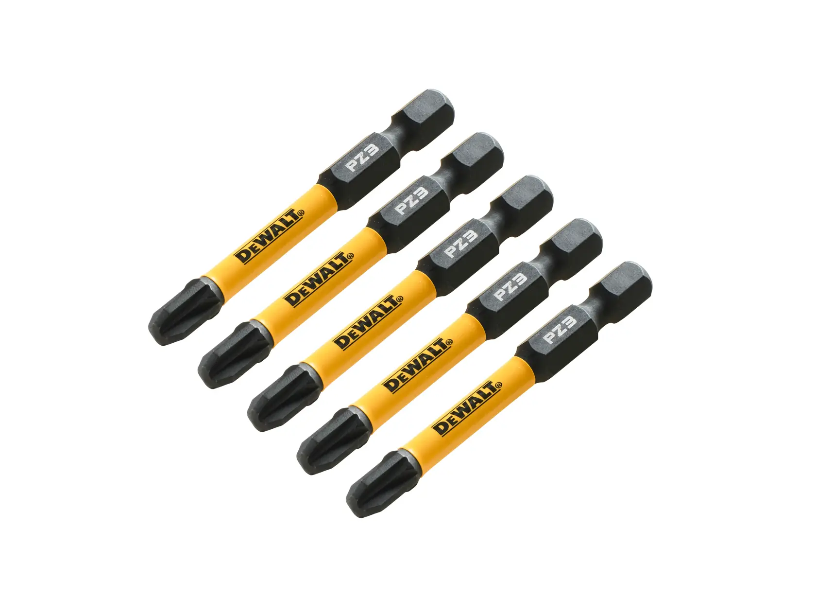 Five yellow DEWALT PZ3 screwdriver bits arranged in a row on a white background.