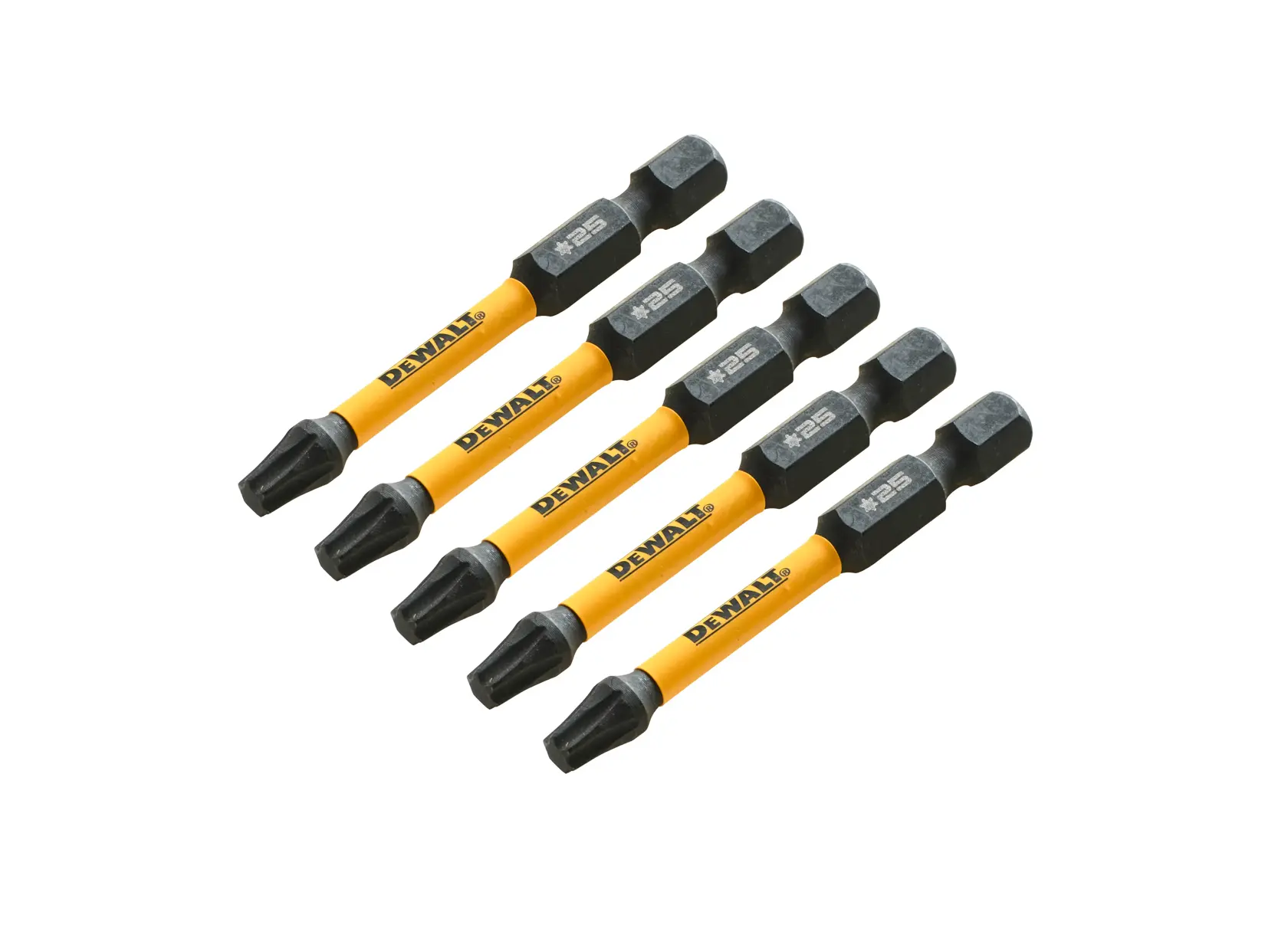 Set of five yellow DEWALT screwdriver bits, each with black tips and hexagonal ends, arranged diagonally.