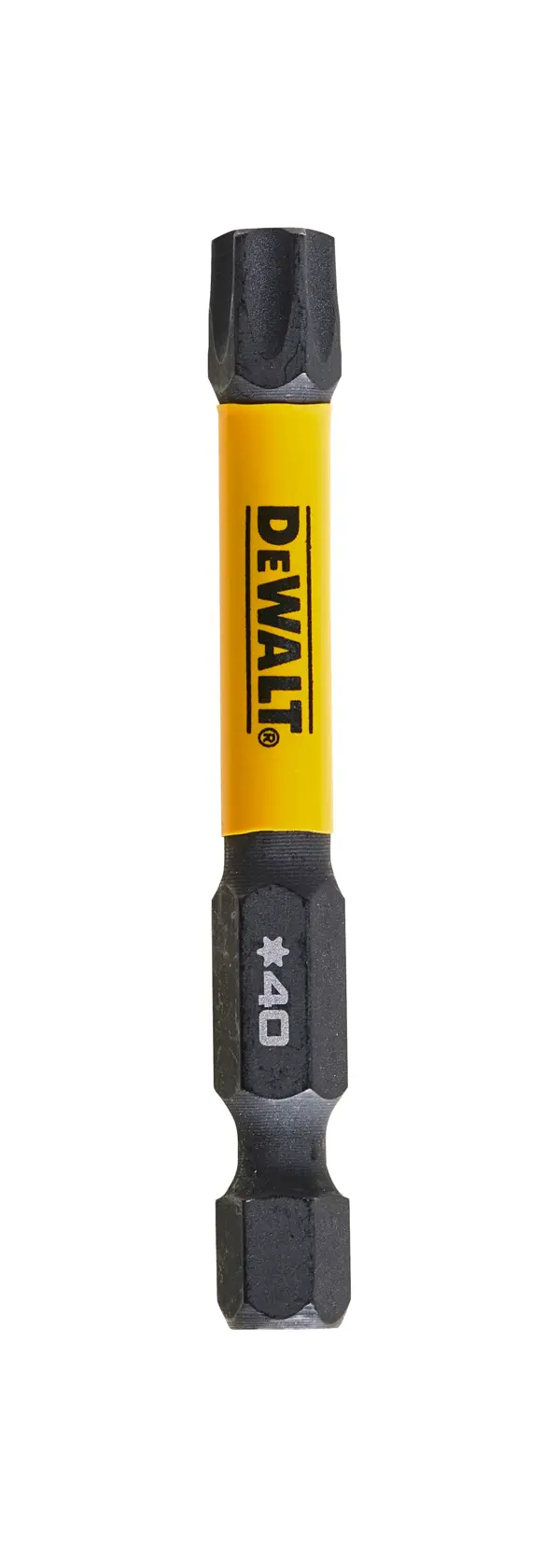 DEWALT DT7399T screwdriver bit with yellow body and black tips, star shape, photography product.