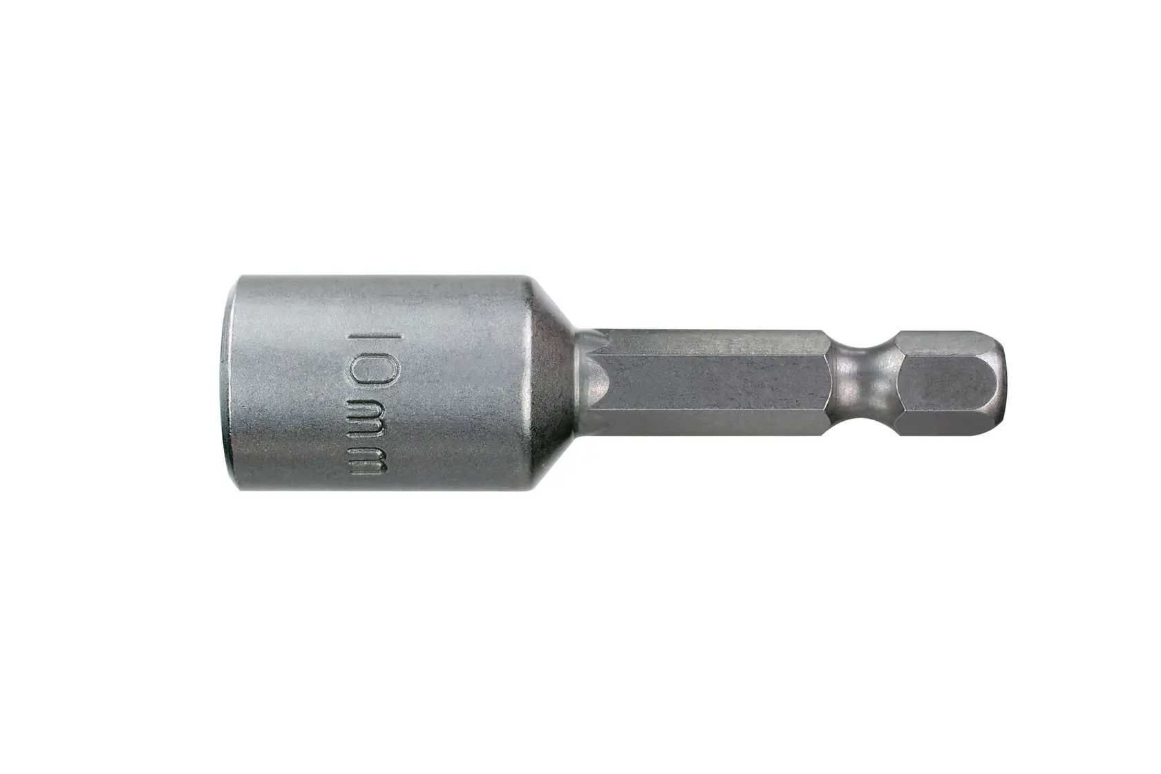 Photo of DEWALT hex socket adapter DT7403-QZ, DT7403, silver steel, side angle, photography category.