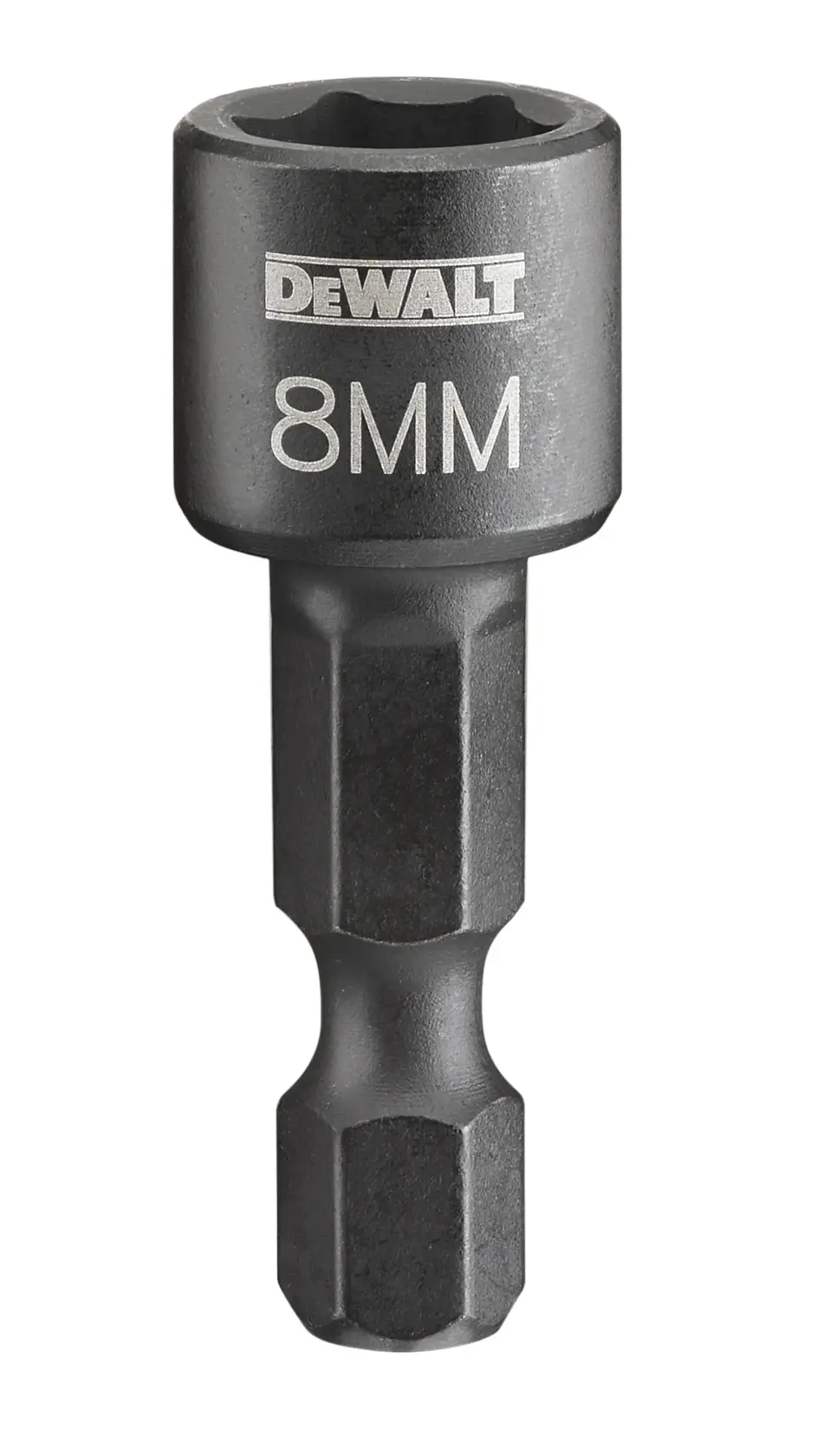 A DEWALT 8mm magnetic nut driver bit, used for fastening and drilling applications.