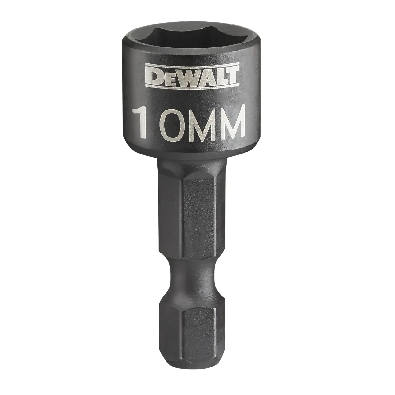 A DEWALT branded 10mm hex socket driver bit with a black finish, designed for use with power tools.