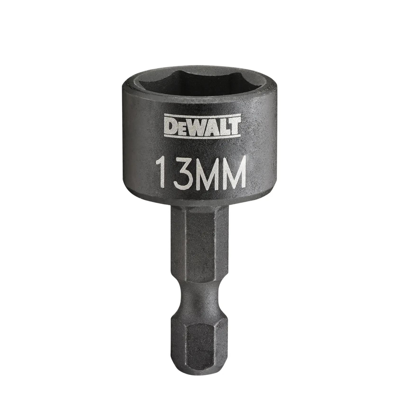 A DEWALT branded 13 mm hex socket adapter for power tools, shown against a white background.
