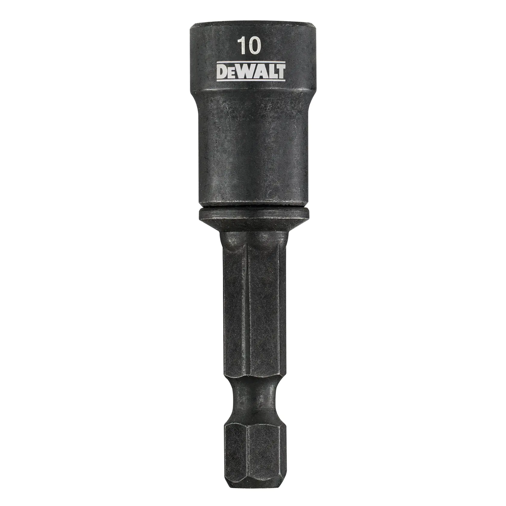 DEWALT DT7466-QZ 10mm socket screwdriver bit for power tools, black finish, hex shank, close-up view.
