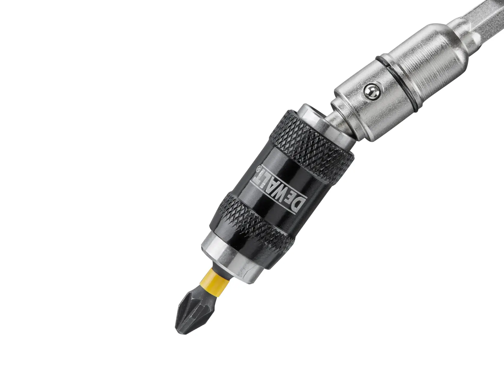 DEWALT DT7505 drill bit holder with textured grip and screwdriver bit attached, close-up on white background.