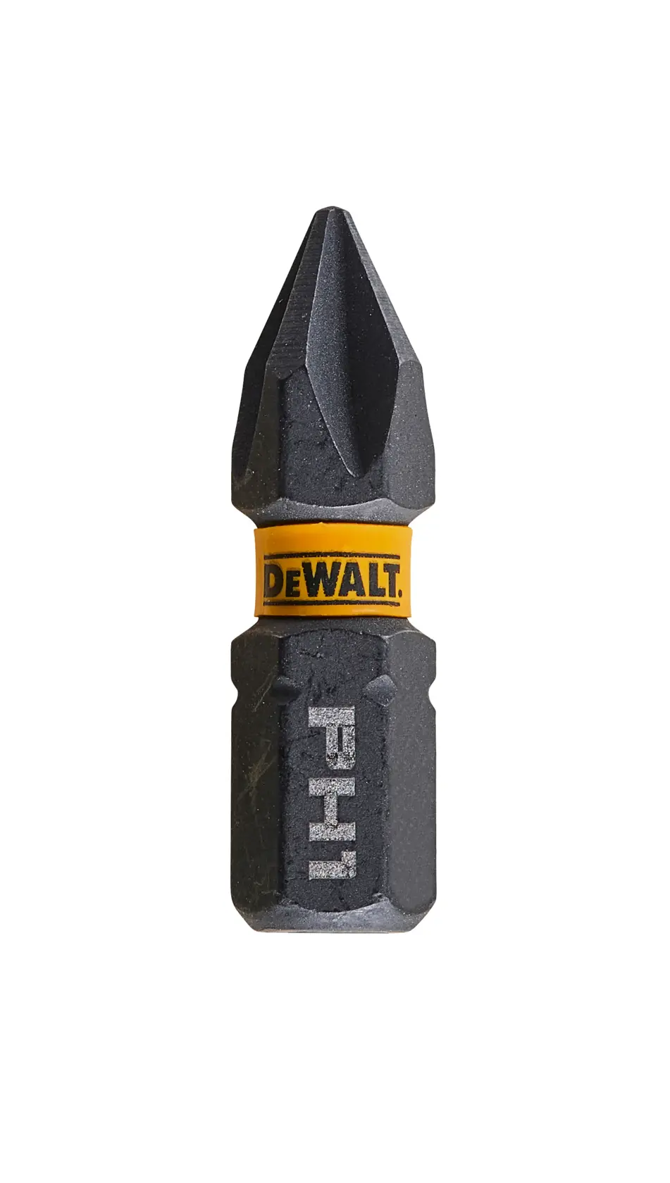 DEWALT PH1 screwdriver bit with yellow band, shown against a white background.