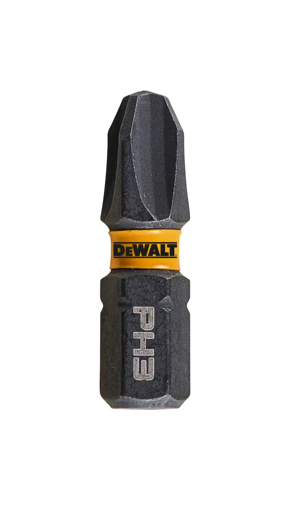 DEWALT PH3 screwdriver bit with yellow ring, close-up on white background.