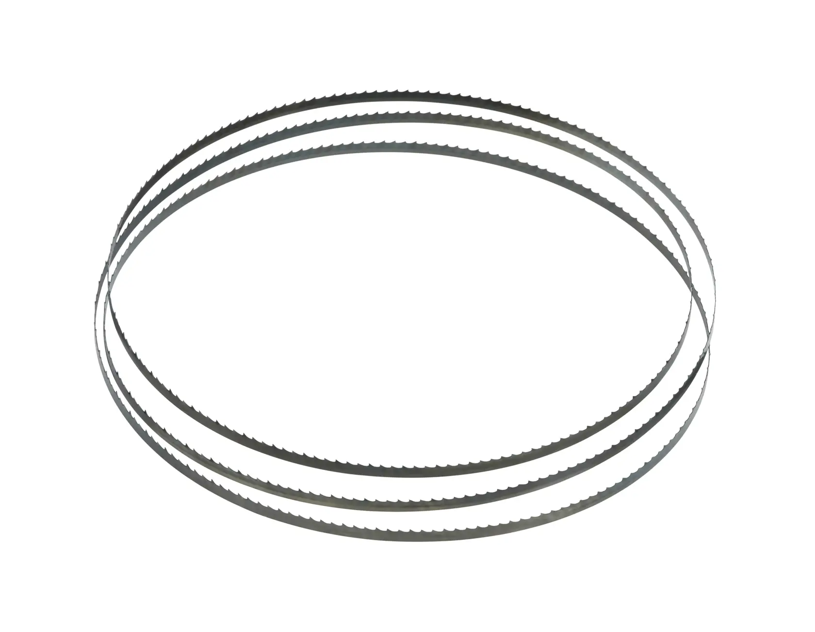 Three DEWALT metal bandsaw blades with fine teeth shown in a looped arrangement on a white background.