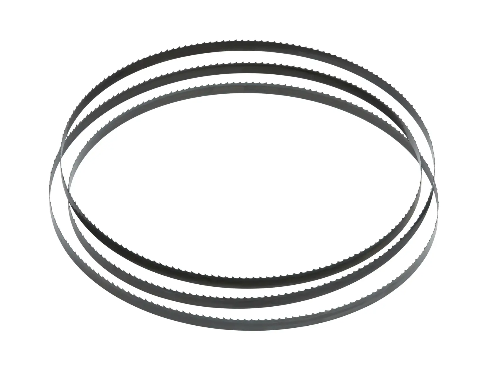 Three DEWALT band saw blades with sharp teeth, arranged in overlapping circles on a white background.