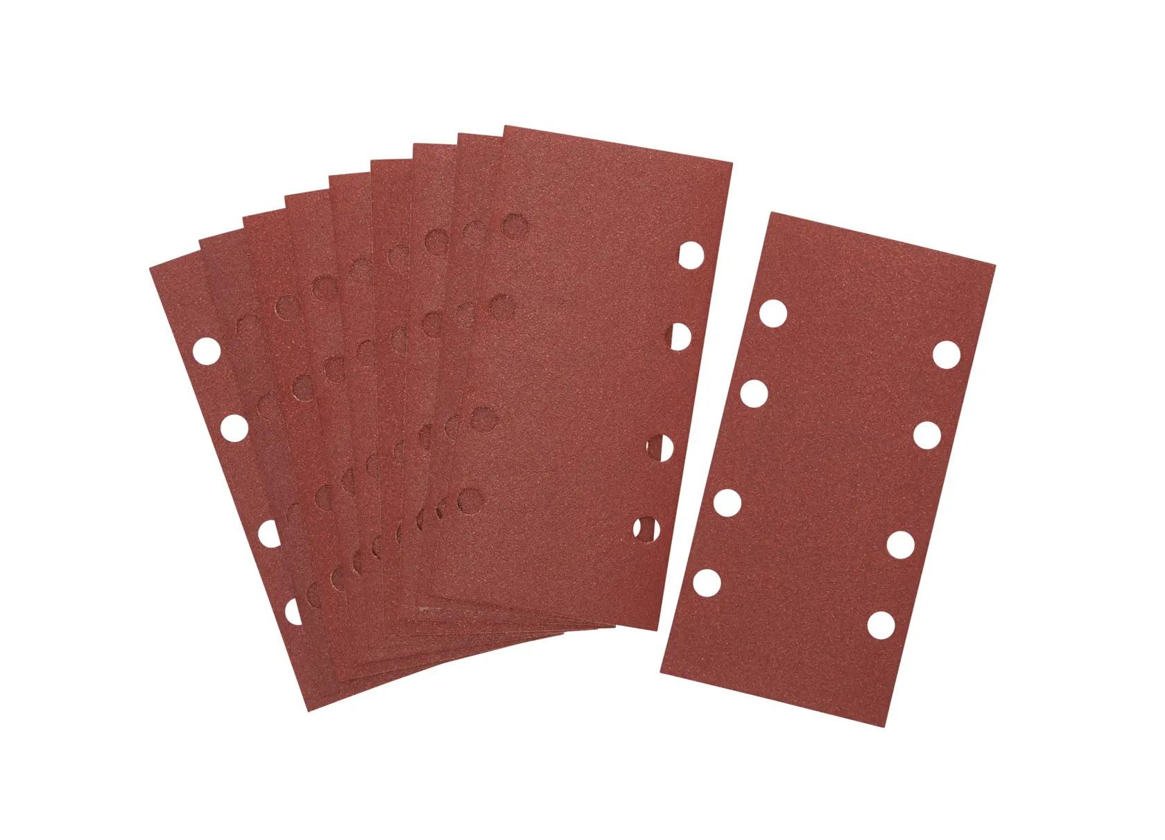 Set of rectangular DEWALT sanding sheets with holes, arranged in a fanned out display on a white background.