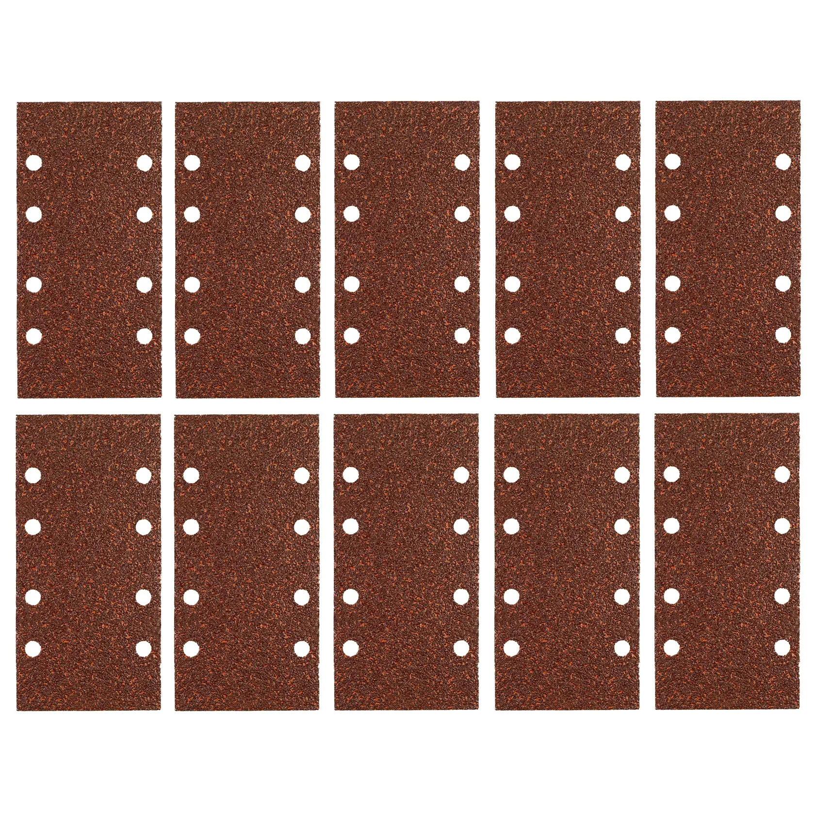 Set of ten rectangular DEWALT sanding sheets with holes, arranged in two rows.
