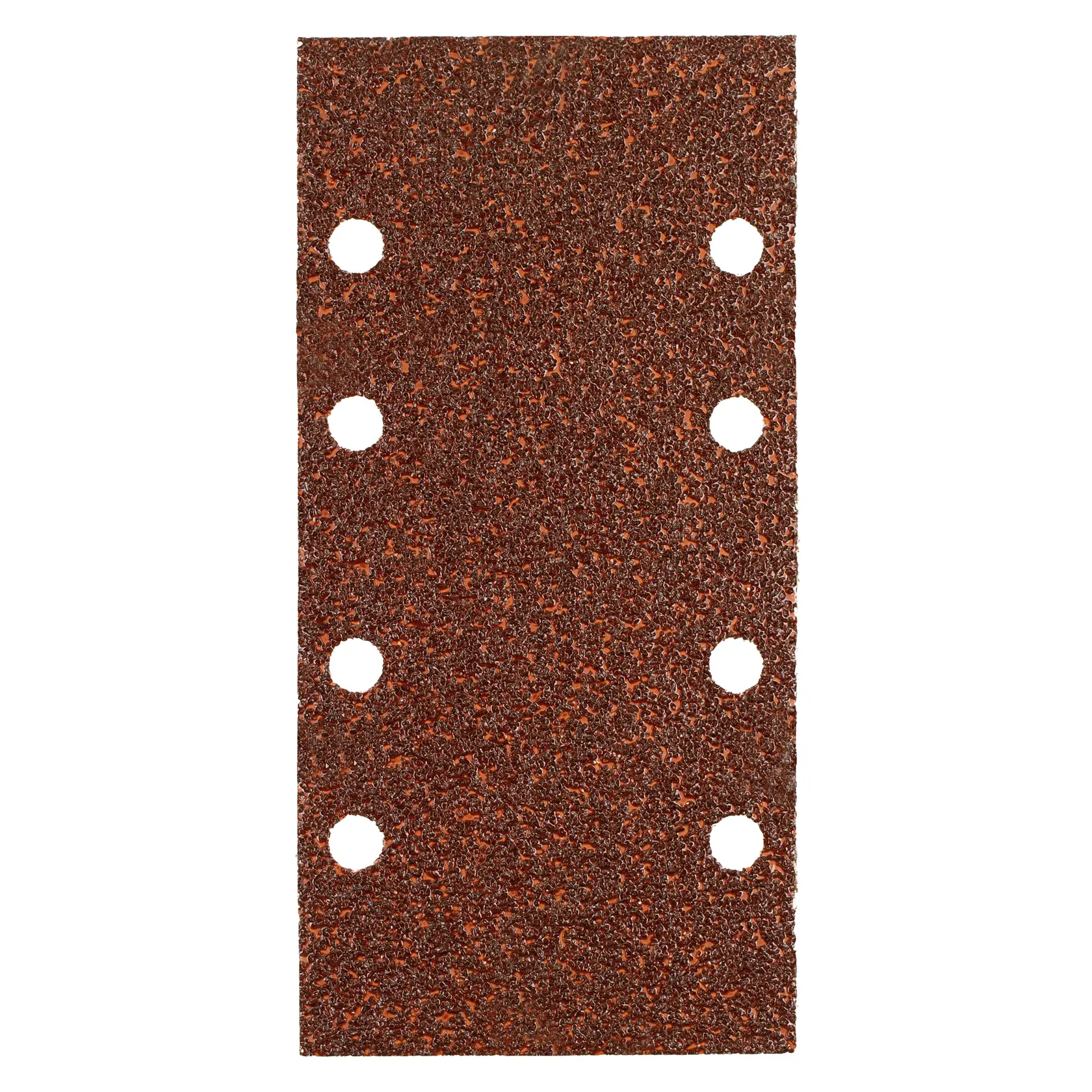 Rectangular brown sandpaper sheet with eight evenly spaced holes for use with a compatible sander.