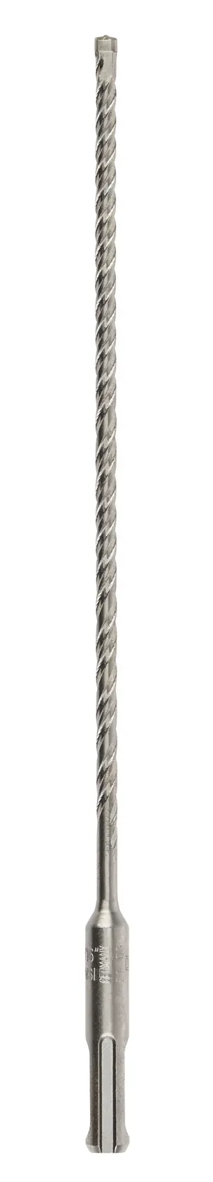 Long, metal SDS drill bit for hammer drills shown on a white background.