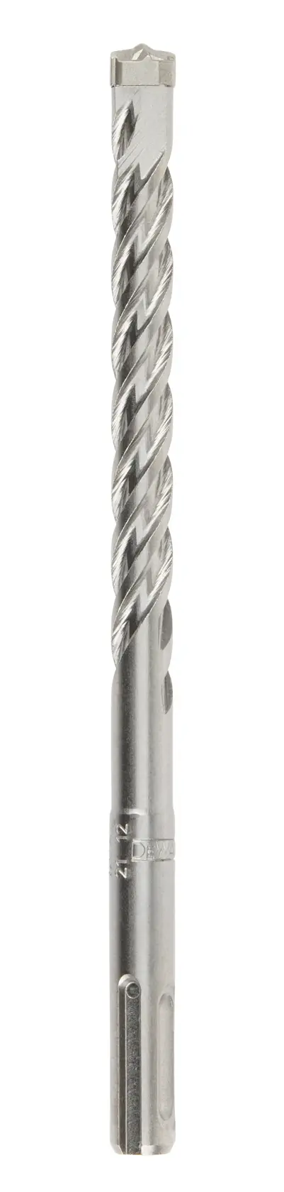 Single DEWALT SDS masonry drill bit with spiral fluting, silver color, shown upright on white background.