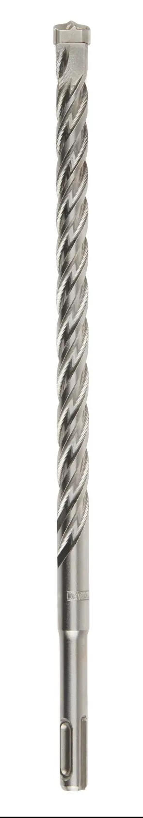Long silver DEWALT masonry drill bit with spiral design for concrete and stone drilling.