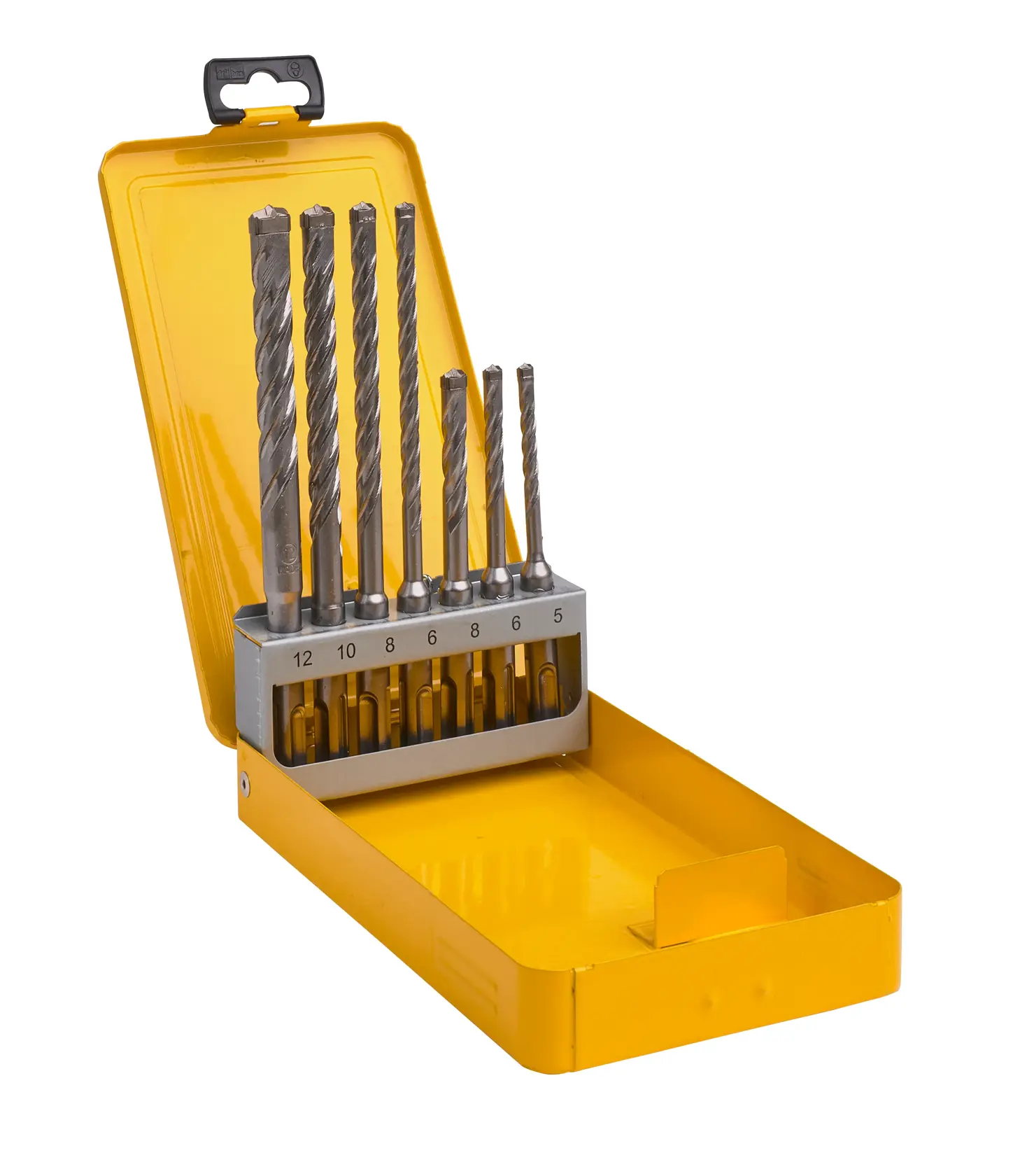 Yellow DEWALT box with assorted drill bits in holder, sizes labeled 5 to 12, lid open.