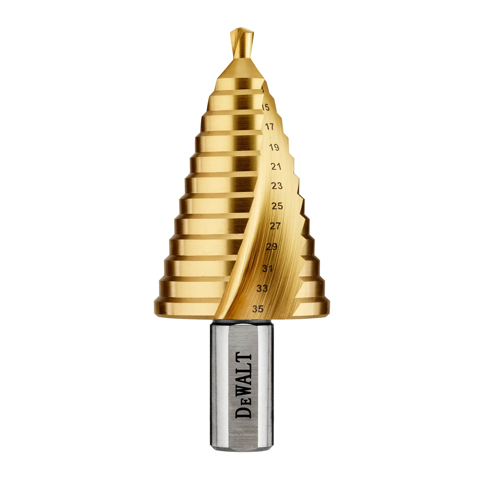 Broca escalonada DEWALT dorada y numerada, para perforar distintos diámetros de agujero.